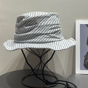 日系条纹褶皱渔夫帽女春夏文艺棉麻百搭显脸小户外防晒遮阳帽子男