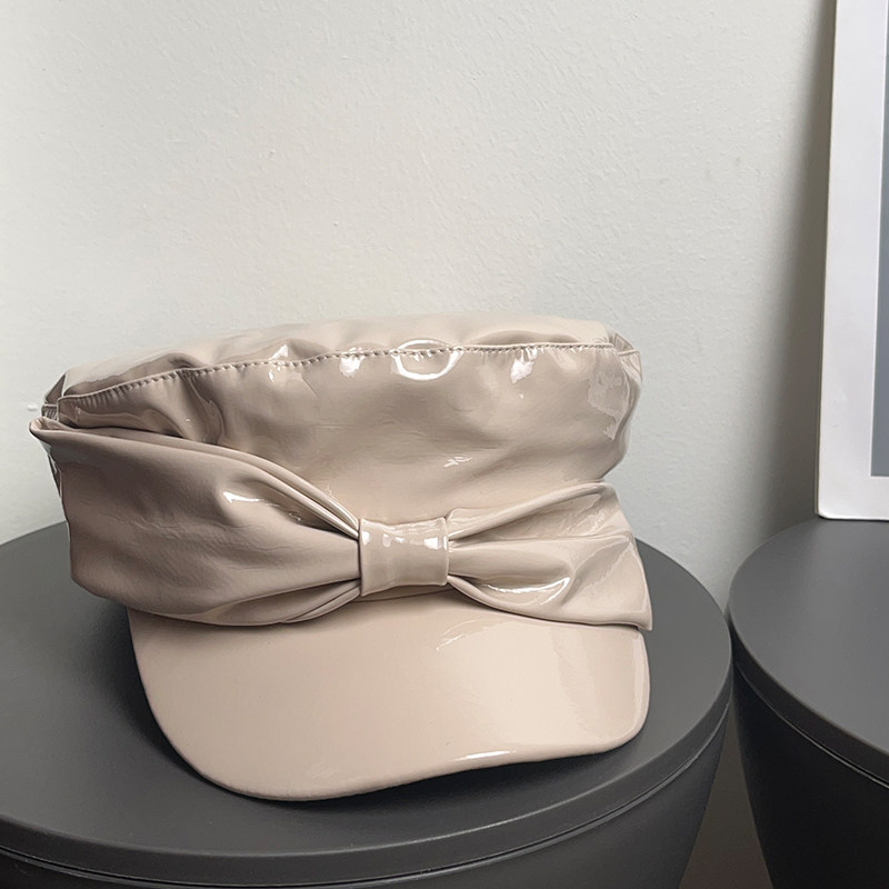 美式复古亮皮贝雷帽显脸小蝴蝶结