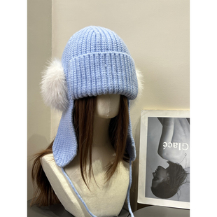 复古漠河雪国列车针织毛球耳罩护耳帽女冬季保暖防风毛线雷锋帽子