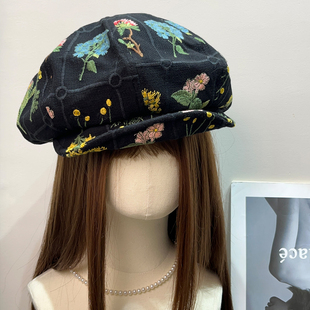 日系复古重工花朵刺绣棉麻八角贝雷帽女春夏遮阳透气显脸小帽子潮