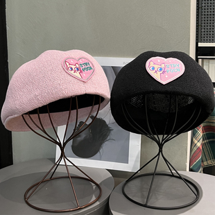 日系粉色爱心小猫反戴贝雷帽女春夏轻薄透气韩版 画家帽可爱前进帽