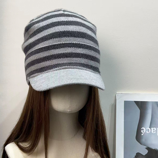 日系复古条纹针织马术帽女秋冬加厚保暖防风显脸小骑士套头帽子