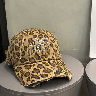 大头围破洞豹纹棒球帽女韩版 复古蝴蝶结百搭遮阳鸭舌帽子显脸小潮
