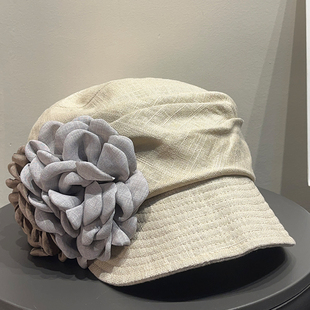 日系复古花朵褶皱报童帽女春夏百搭棉麻防晒透气显脸小画家帽子潮