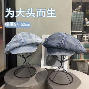 大头围复古水洗蓝色牛仔贝雷帽女韩版 遮阳画家帽子潮显脸小八角帽