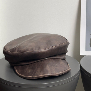 韩版 复古废土风pu皮贝雷帽女秋冬晕染重工平顶帽百搭显脸小帽子潮