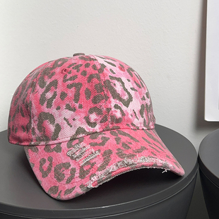大头围美式 千禧豹纹破洞棒球帽女春夏百搭复古显脸小防晒鸭舌帽子