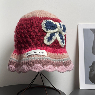 日系复古甜美撞色针织毛线帽女秋冬百搭保暖可爱显脸小渔夫帽子潮