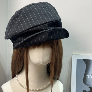 日系复古大头围条纹钢丝贝雷帽女春秋百搭休闲宽檐显脸小画家帽子