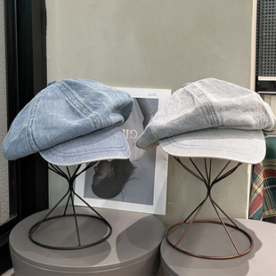 日系复古牛仔贝雷帽女大头围百搭画家云朵帽文艺八角帽子潮显脸小