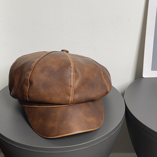 大头围英伦复古做旧pu皮贝雷帽女晕染重工八角帽显脸小报童帽子潮