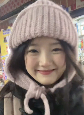 日系可爱显脸小粉色毛线雷锋帽女冬季保暖护耳针织帽子学生百搭潮