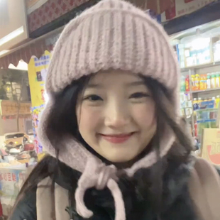 日系可爱显脸小粉色毛线雷锋帽女冬季 保暖护耳针织帽子学生百搭潮