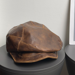 英伦复古废土风做旧pu皮贝雷帽女褶皱重工云朵帽显脸小文艺帽子潮