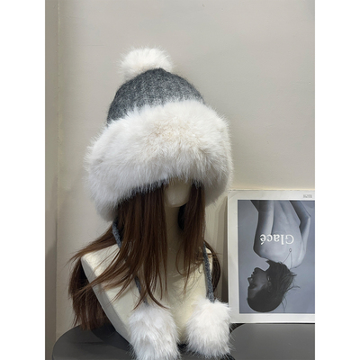 复古长白山旅游渐变加厚毛绒护耳帽女秋冬保暖防寒雷锋帽毛球帽子