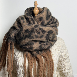 复古秋冬氛围感仿羊绒豹纹围巾女加厚保暖防寒护脸千禧辣妹风围脖