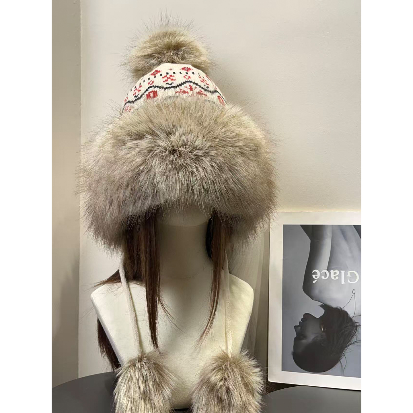 复古费尔岛川西雪乡毛绒毛线帽女秋冬加厚保暖防寒显脸小护耳帽子