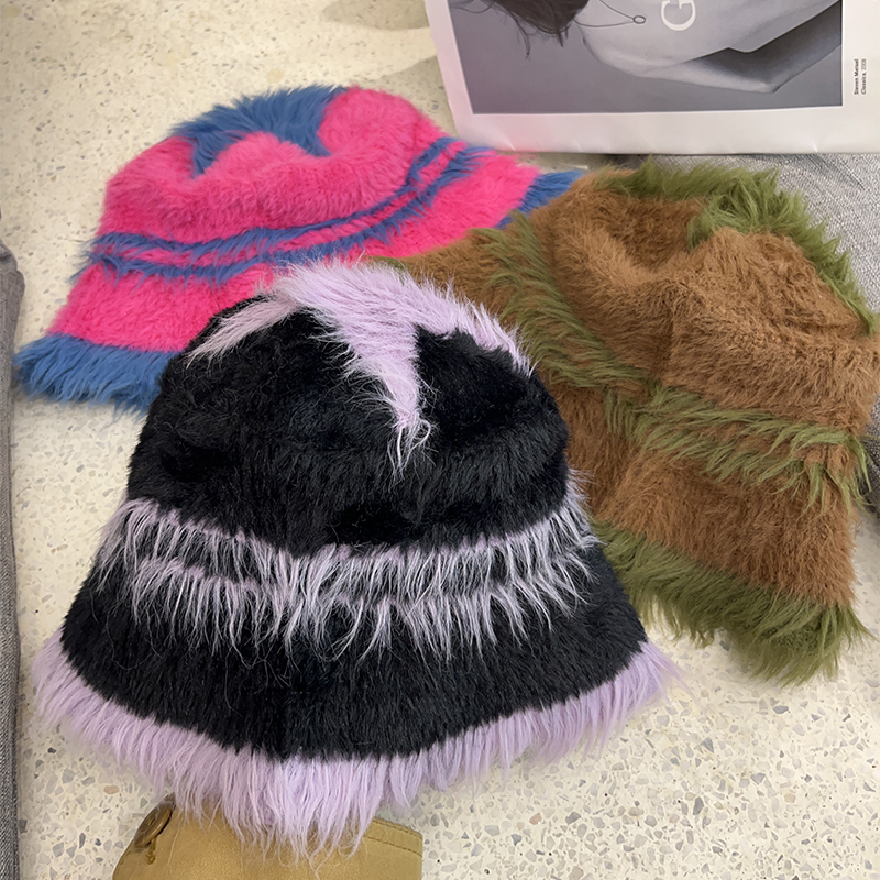撞色毛绒渔夫帽韩版女生秋冬保暖