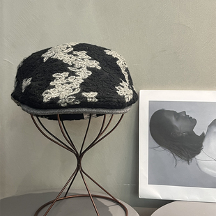 日系复古前进帽女秋冬新款 刺绣大头围百搭显脸小反戴画家贝雷帽男