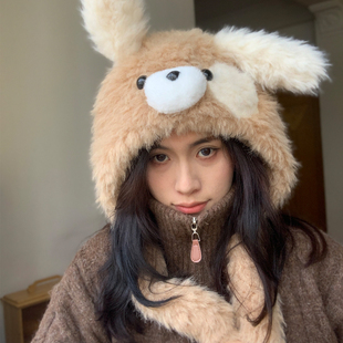 大头围可爱狗狗耳朵会动毛绒雷锋帽女秋冬保暖防寒显脸小护耳帽子