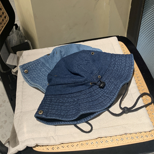 复古辣妹牛仔登山帽女夏季 户外潮渔夫帽带绳子百搭防晒露营帽子男