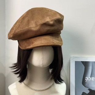 复古琥珀流光风麂皮绒贝雷帽女秋冬百搭休闲防风显脸小画家帽子潮