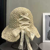 夏季 手工编织草帽子女度假防晒防紫外线遮阳帽蕾丝蝴蝶结镂空凉帽