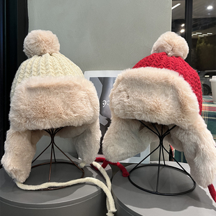 韩版 加厚毛绒雷锋帽女秋冬保暖日系可爱毛线帽骑车防风护耳针织帽