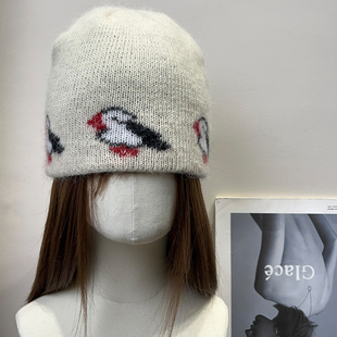 日系可爱企鹅提花含兔毛针织帽女秋冬保暖百搭显脸小毛线冷帽子潮