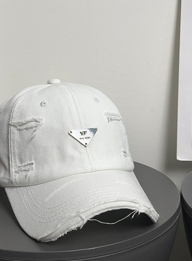 大头围白色磨边做旧破洞棒球帽女春夏防晒休闲百搭显脸小鸭舌帽子