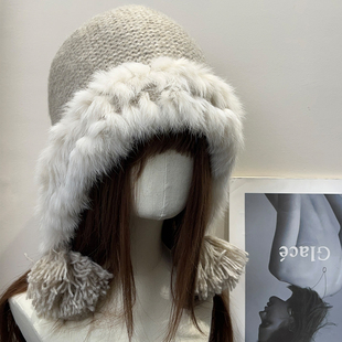 复古川西草原牧羊女兔毛针织帽女秋冬护耳保暖套头显脸小毛球帽子