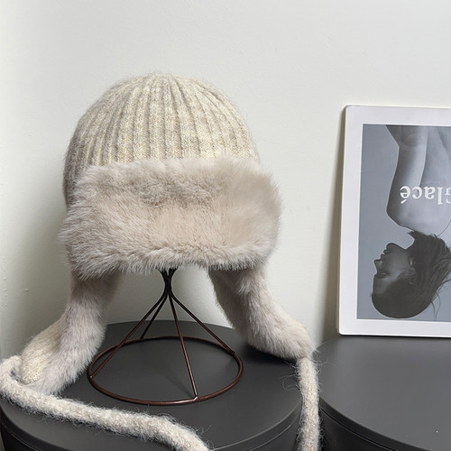 韩版ins甜美针织毛绒雷锋帽女秋冬保暖护脸显脸小护耳毛线帽子潮