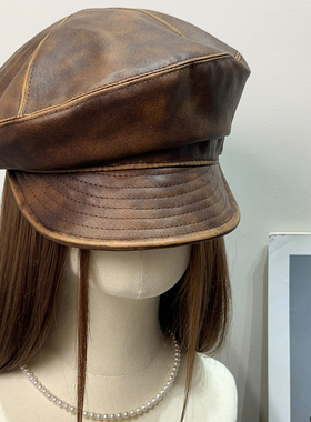 重工复古英伦擦染pu皮贝雷帽女秋冬百搭显脸小八角帽百搭画家帽子