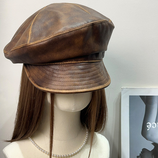 重工复古英伦擦染pu皮贝雷帽女秋冬百搭显脸小八角帽百搭画家帽子