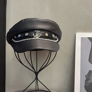 y2k辣妹pu皮质平顶贝雷帽女百搭复古英伦风黑色海军帽子显脸小潮