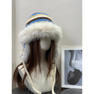 复古那拉提雪乡条纹毛绒雷锋帽女冬季 加厚保暖护耳帽防寒加绒帽子
