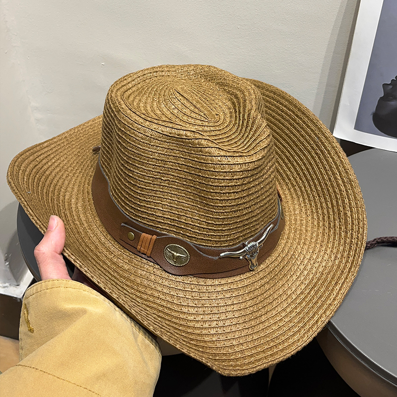 复古重工牛头皮带西部牛仔渔夫帽女夏防晒遮阳户外出游草编帽子男