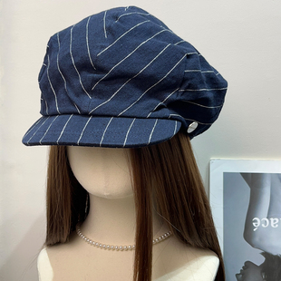 日系复古条纹纽扣贝雷帽女夏遮阳文艺百搭休闲春秋显脸小画家帽子