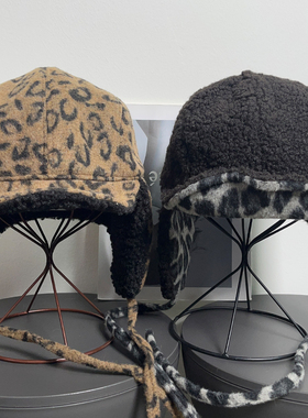 复古秋冬保暖毛呢豹纹雷锋帽女摇粒绒骑车护脸护耳飞行员帽子男潮