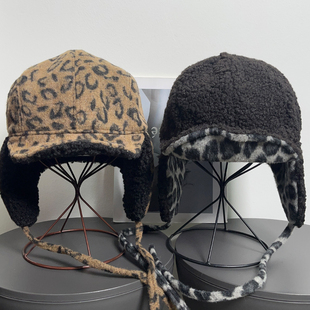 复古秋冬保暖毛呢豹纹雷锋帽女摇粒绒骑车护脸护耳飞行员帽子男潮