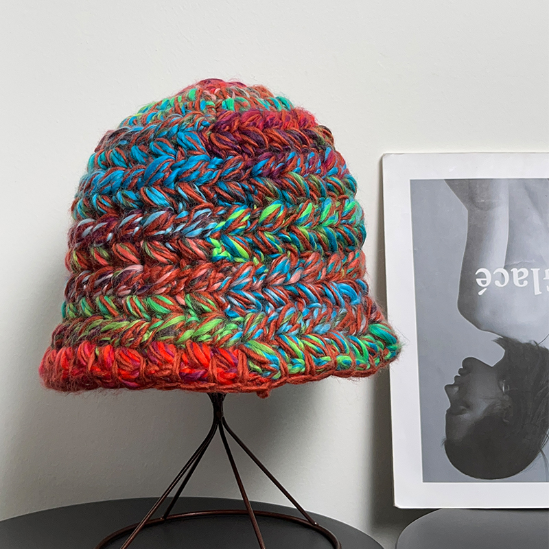 大草原旅游彩色粗线毛线帽复古女