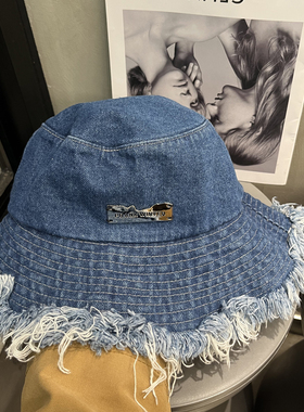 蓝色牛仔毛边显脸小渔夫帽女韩版春夏季遮阳防晒水桶帽百搭盆帽潮