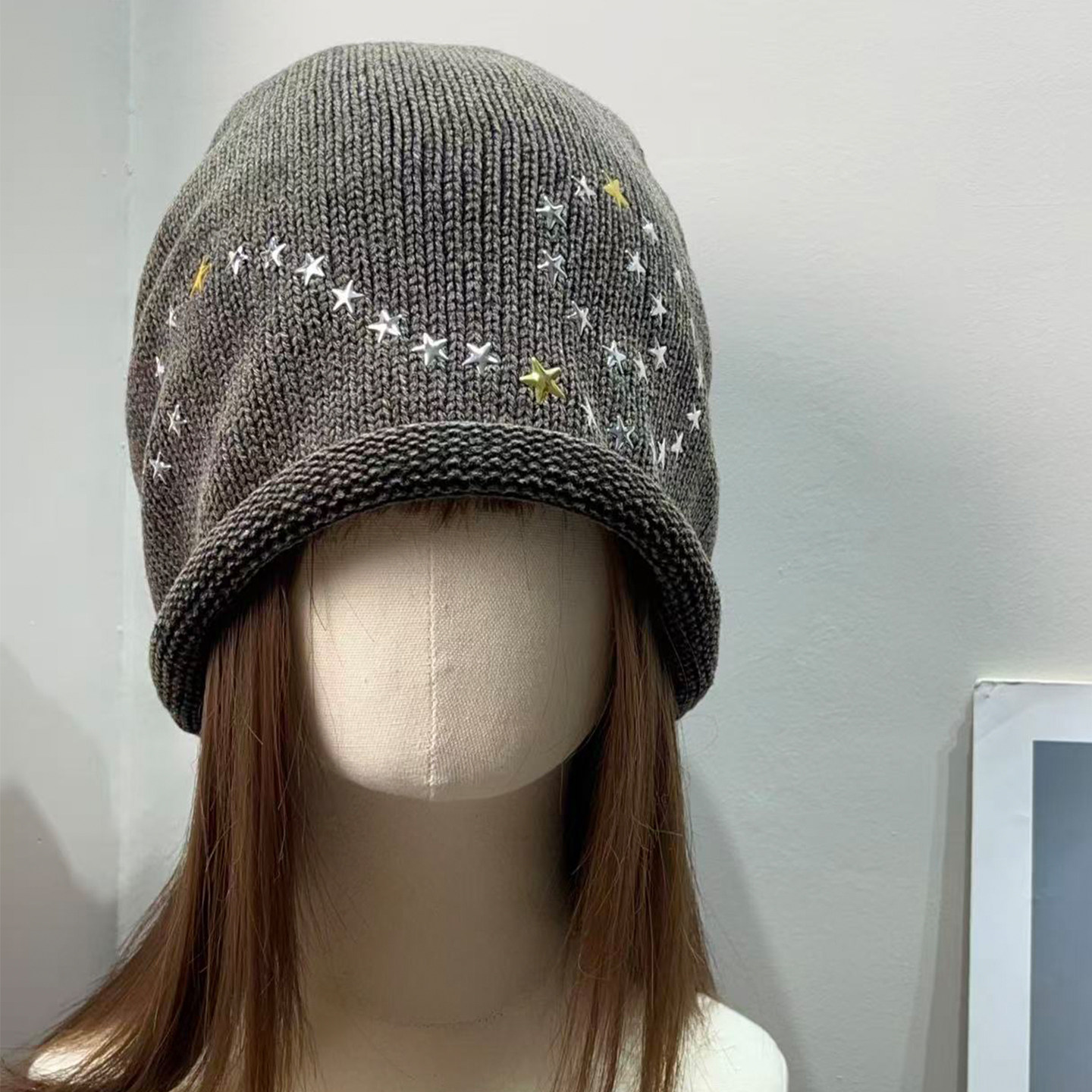 大头围美式复古星星针织帽女秋冬保暖百搭显脸小护耳防风堆堆帽子