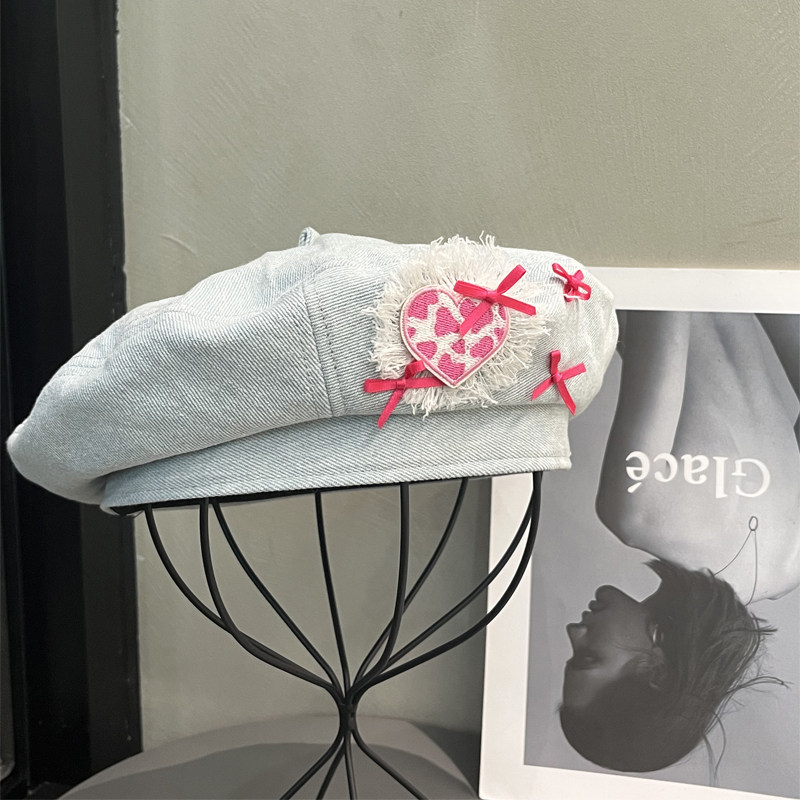 爱心牛仔贝雷帽韩版春夏显脸小帽