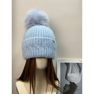 复古温柔冰岛雪乡狐狸毛球针织帽女秋冬保暖长白山护耳毛线帽子潮
