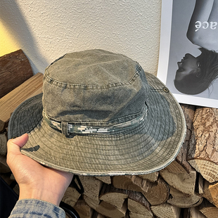 迷彩系带复古水洗抽绳渔夫帽女夏天遮阳爬山防晒钓鱼西部牛仔帽男
