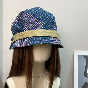 日系复古格纹拼色渔夫帽女春夏遮阳防晒休闲百搭显脸小贝雷帽子潮