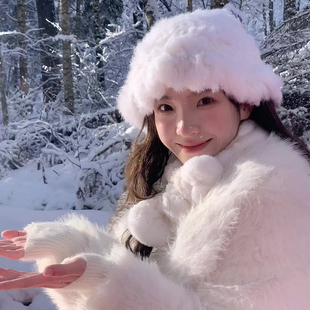 2023年新款 加厚大头围毛绒水桶显脸小保暖盆帽子 兔毛渔夫帽女冬季