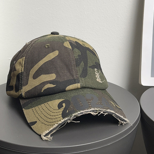 大头围复古断檐破坏迷彩棒球帽女做旧美式 百搭辣妹磨毛鸭舌帽子男