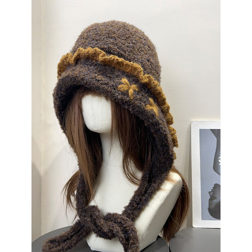 大头围复古川西含羊毛绒针织护耳帽女秋冬卷边显脸小保暖雷锋帽子